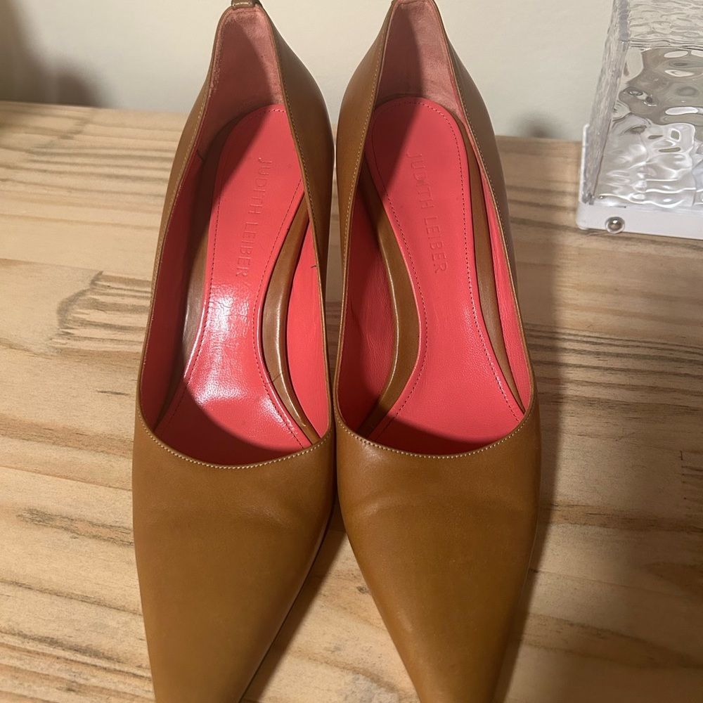 Judith Leiber Tan Leather Heels with Pink Interior